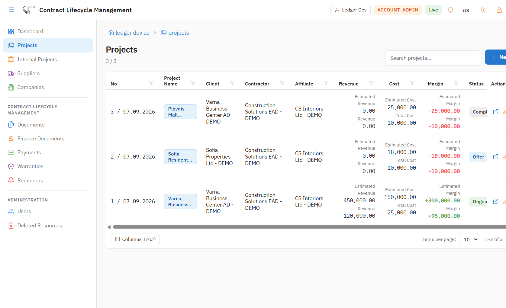 SISO CLM projects list in light theme